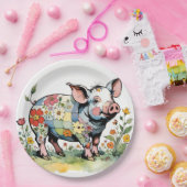 Adorable Floral Patchwork Baby Farm Pig Pappteller (Party)