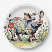 Adorable Floral Patchwork Baby Farm Pig Pappteller (Vorderseite)