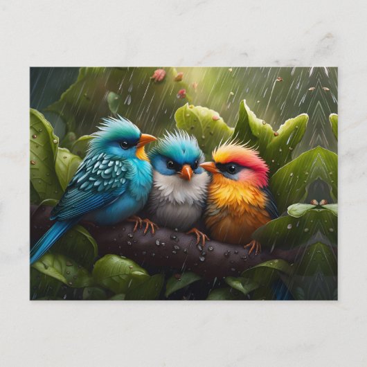 Adorable Fluffy Bunte Vögel im Regen Postkarte (Vorderseite)