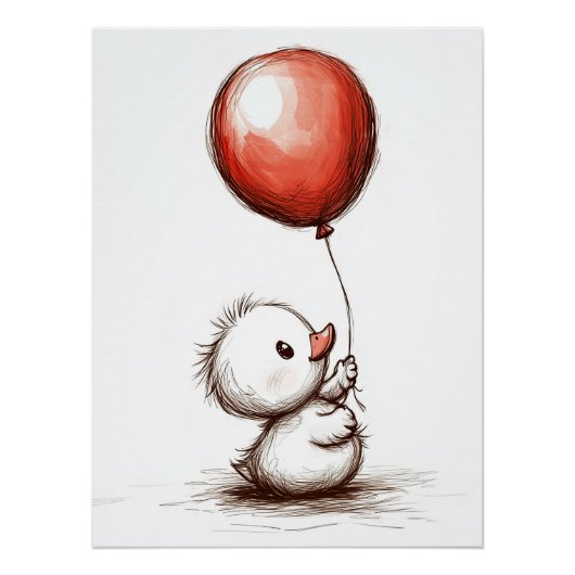 Adorable Fluffy Duckling mit Red Balloon Poster (Vorderseite)