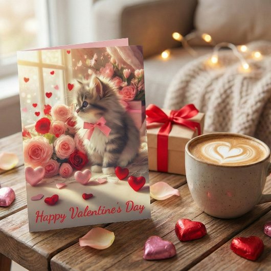 Adorable Fluffy Kitten with Roses Valentine's Day Karte