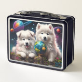 Adorable Fluffy Samoyed Welpen, Planeten Erde Metall Brotdose (Rückseite)