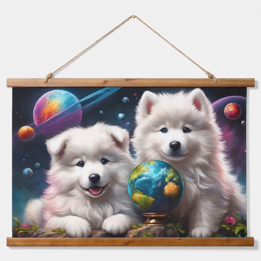 Adorable Fluffy Samoyed Welpen, Planeten Erde Wandteppich Mit Holzrahmen (Vorne)