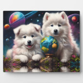 Adorable Fluffy Samoyed Welpen, Space Earth Globe Fotoplatte (Vorderseite)