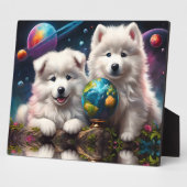 Adorable Fluffy Samoyed Welpen, Space Earth Globe Fotoplatte (Seite)