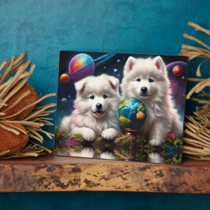 Adorable Fluffy Samoyed Welpen, Space Earth Globe Fotoplatte
