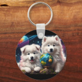 Adorable Fluffy Samoyed Welpen, Weltfrieden Schlüsselanhänger (Rückseite)