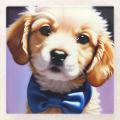 Adorable Fluffy Welpe w Niedlich Blue Bow Krawatte Glasuntersetzer (Vorderseite)