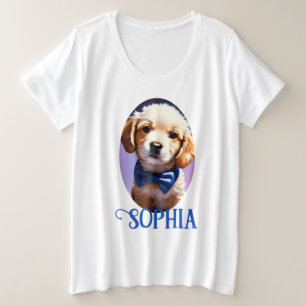 Adorable Fluffy Welpe w Niedlich Blue Bow Krawatte Große Größe T-Shirt