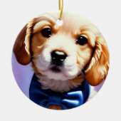Adorable Fluffy Welpe w Niedlich Blue Bow Krawatte Keramik Ornament (Vorne)
