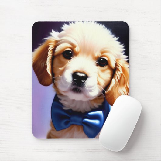 Adorable Fluffy Welpe w Niedlich Blue Bow Krawatte Mousepad (Mit Mouse)