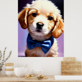 Adorable Fluffy Welpe w Niedlich Blue Bow Krawatte Poster (Küche)