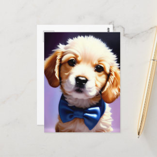 Adorable Fluffy Welpe w Niedlich Blue Bow Krawatte Postkarte