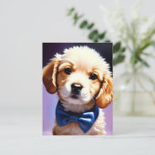 Adorable Fluffy Welpe w Niedlich Blue Bow Krawatte Postkarte (Stehend Vorderseite)