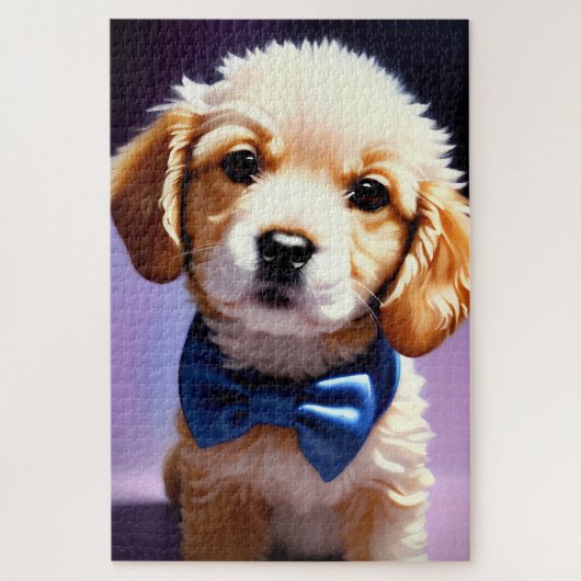 Adorable Fluffy Welpe w Niedlich Blue Bow Krawatte Puzzle (Vertikal)