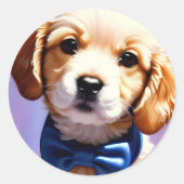 Adorable Fluffy Welpe w Niedlich Blue Bow Krawatte Runder Aufkleber (Vorderseite)