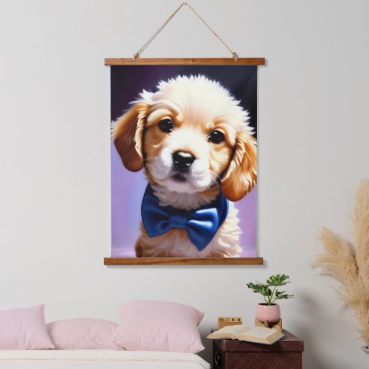 Adorable Fluffy Welpe w Niedlich Blue Bow Krawatte Wandteppich Mit Holzrahmen (Schlafzimmer)
