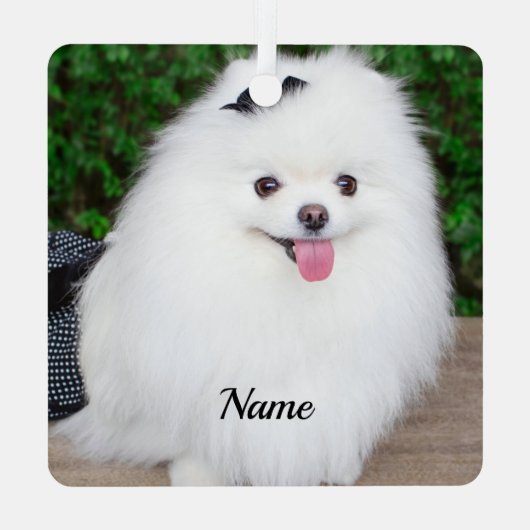 Adorable Fluffy White Puppy Dog Ornament Aus Metall (Rückseite)