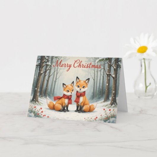 Adorable Fox Christmas Snowy Woods and Red Scarf Karte (Kleine Pflanze)