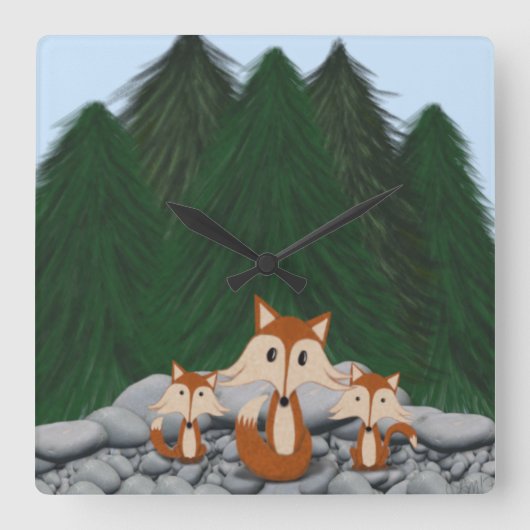 Adorable Fox Family Quadratische Wanduhr (Vorderseite)