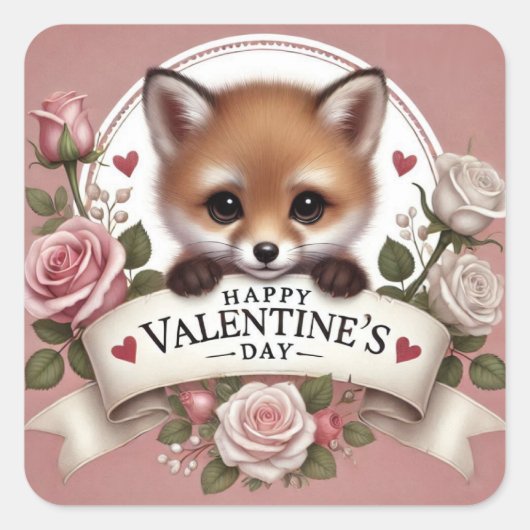 Adorable Fox Illustration mit Rose Quadratischer Aufkleber (Vorderseite)