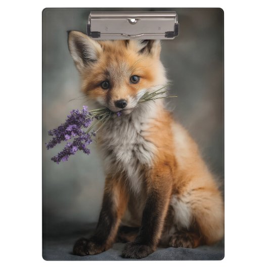 Adorable Fox Kit mit Lavendel-Blume Klemmbrett (Vorderseite)