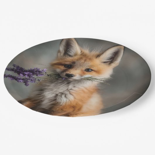 Adorable Fox Kit mit Lavendel-Blume Pappteller (Schrägansicht)