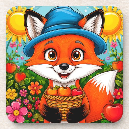 Adorable Fox mit Äpfelkörbe Getränkeuntersetzer (Vorderseite)