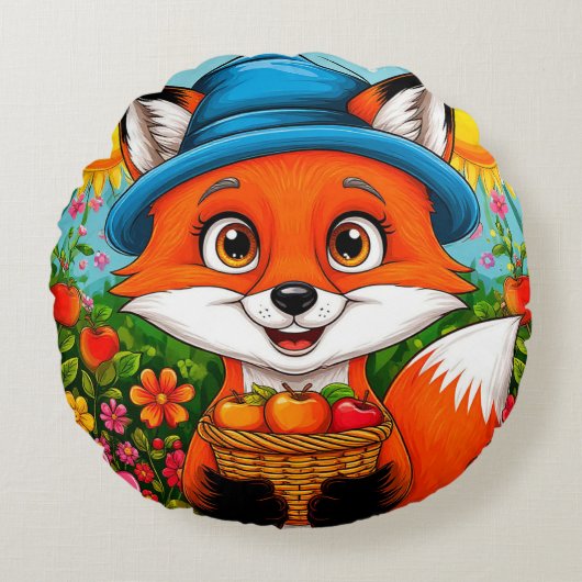 Adorable Fox mit Äpfelkörbe Rundes Kissen (Vorderseite)