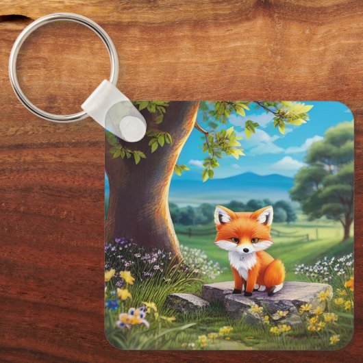 Adorable Fox sitzend unter Baum Schlüsselanhänger (Vorderseite)