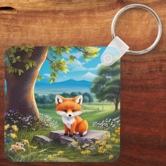 Adorable Fox sitzend unter Baum Schlüsselanhänger (Rückseite)