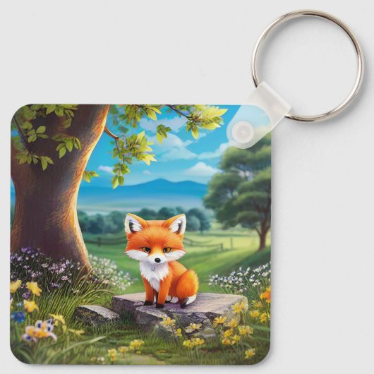 Adorable Fox sitzend unter Baum Schlüsselanhänger (Rückseite)