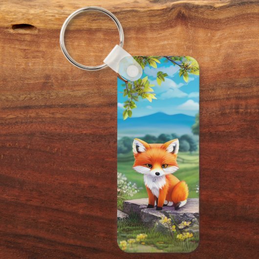 Adorable Fox sitzend unter Baum Schlüsselanhänger (Vorderseite)