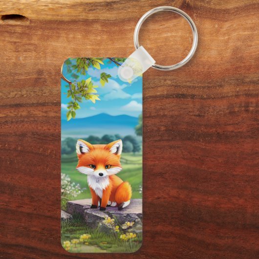 Adorable Fox sitzend unter Baum Schlüsselanhänger (Rückseite)