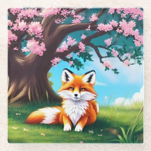 Adorable Fox sitzend unter Tree-68563 Glasuntersetzer (Vorderseite)