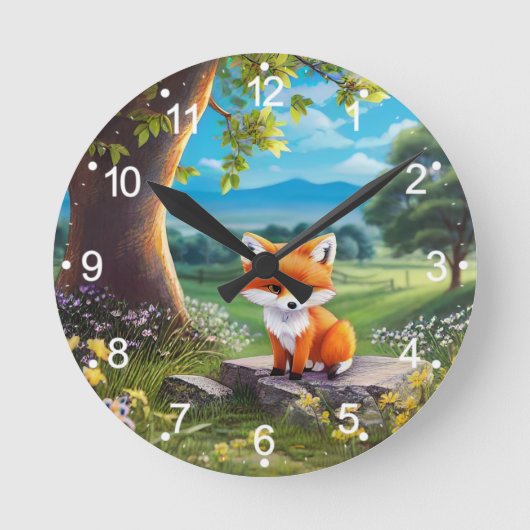 Adorable Fox sitzend unter Tree-68563 Runde Wanduhr (Vorderseite)