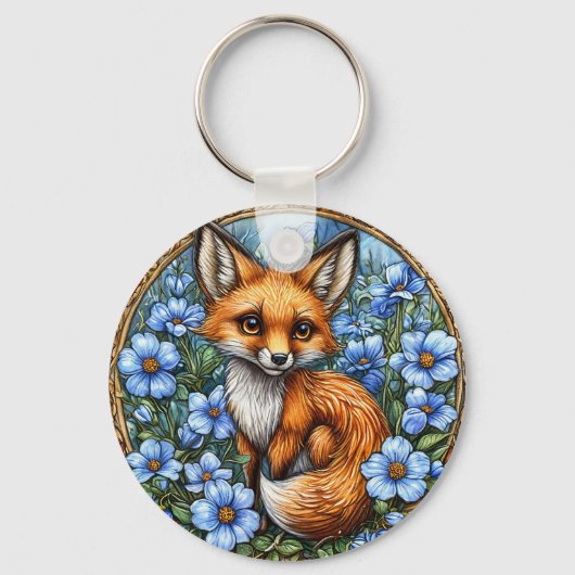 Adorable Fox umgeben von blauen Blumen Schlüsselanhänger (Vorderseite)