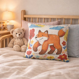 Adorable Fox Walking Among Flowers Drawing Kids Kissen