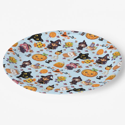 Adorable Funny Kawaii Halloween Muster Pappteller (Schrägansicht)