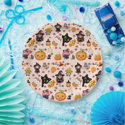 Adorable Funny Kawaii Halloween Muster Pappteller (Party)