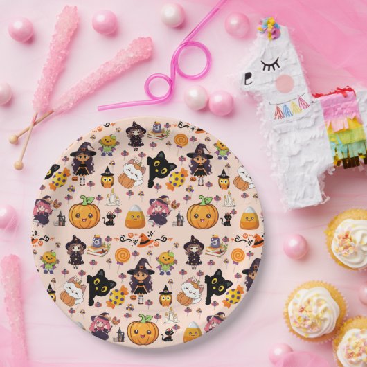 Adorable Funny Kawaii Halloween Muster Pappteller (Party)
