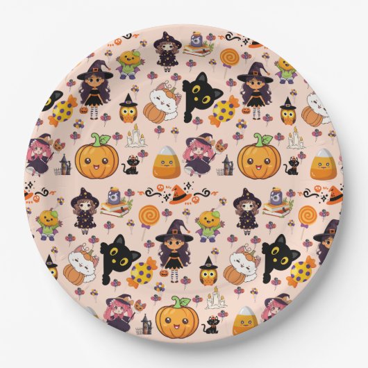 Adorable Funny Kawaii Halloween Muster Pappteller (Vorderseite)