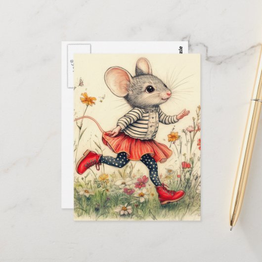Adorable Funny Mouse Laufen in den Blume Postkarte (Vorderseite/Rückseite Beispiel)