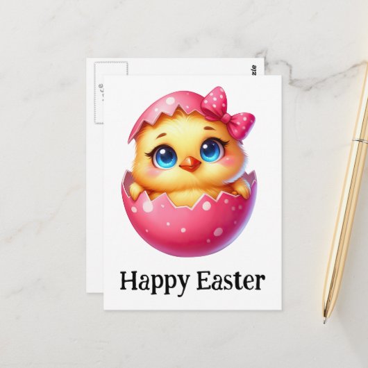 Adorable Funny Niedlich Oaster Baby Chick Pink Egg Postkarte (Vorderseite/Rückseite Beispiel)