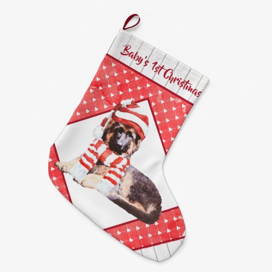 Adorable German Shepherd Puppy's First Christmas Großer Weihnachtsstrumpf (Vorderansicht (hängend))