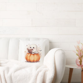 Adorable Ghost mit Book Sitting on Pumpkin - Hall Kissen