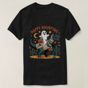 Adorable Ghost on Mummy Dinosaur - Funny Halloween T-Shirt