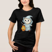 Adorable Ghost with Pumpkin Lantern Tri-Blend Shirt (Vorderseite)