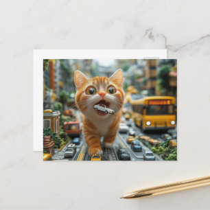 Adorable Ginger Cat isst ein Auto Postkarte