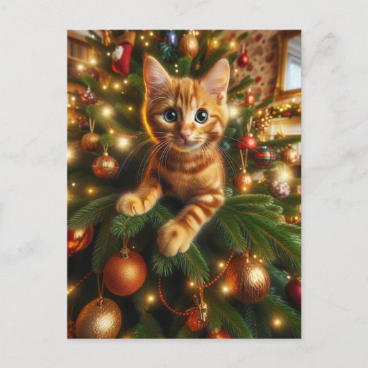 Adorable Ginger Kitten in einem Weihnachtsbaum Postkarte (Vorderseite)